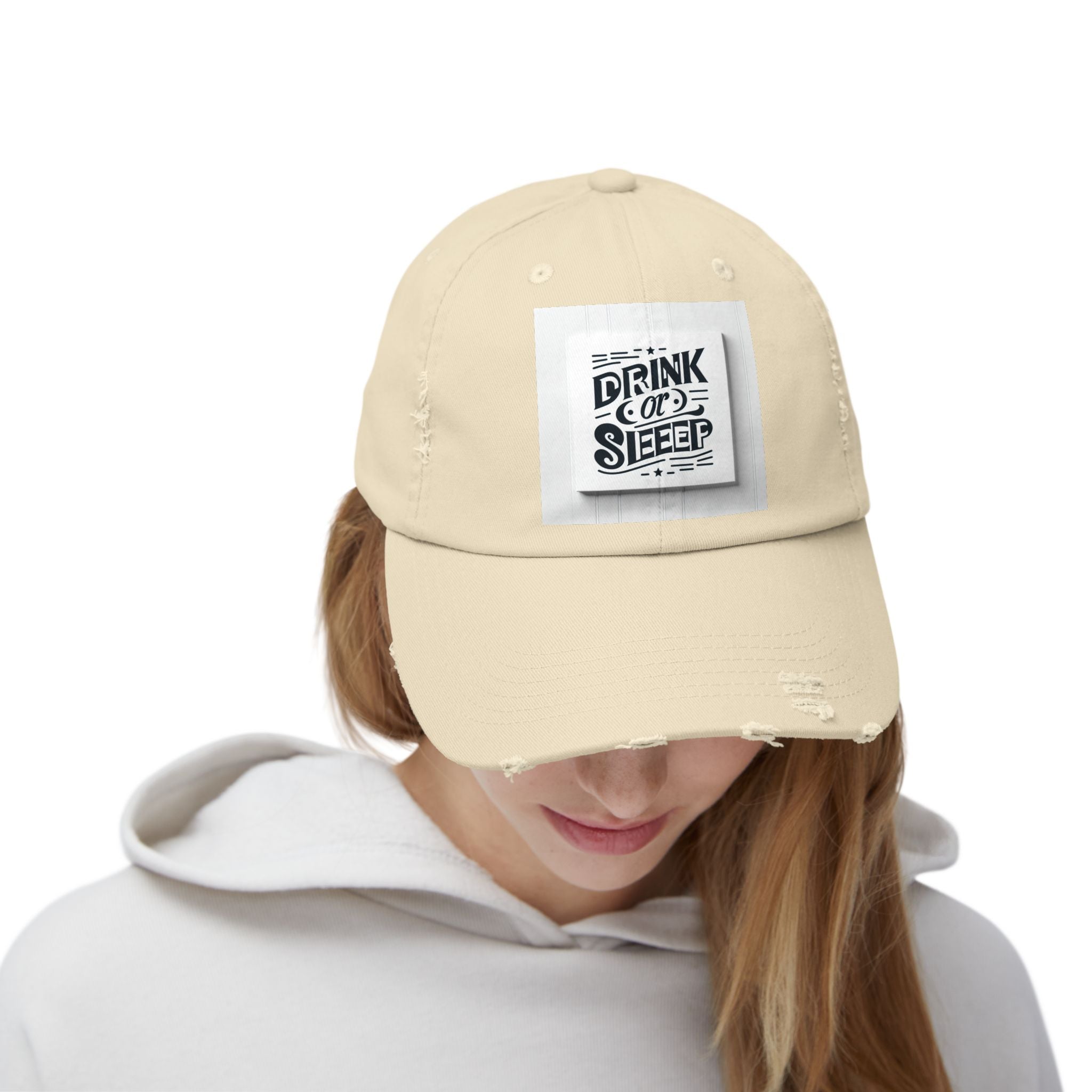 Unisex Distressed Cap with Drink or Sleep Design, Casual Hat for Relaxation, Gift for Coffee Lovers, Perfect for Festivals, Summer Outings
