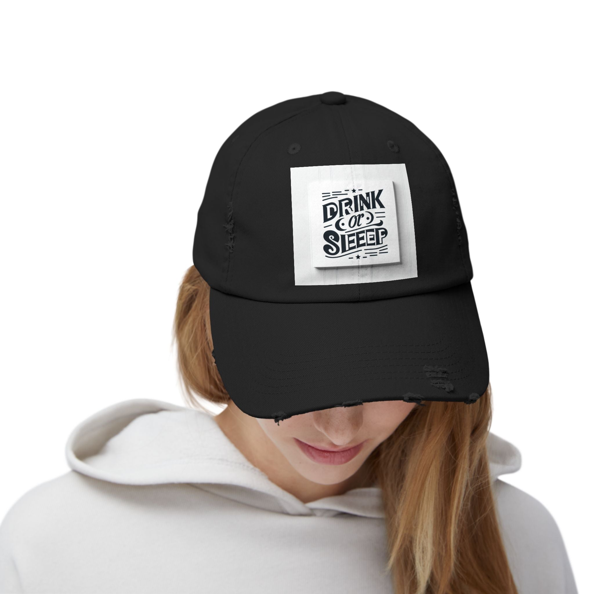 Unisex Distressed Cap with Drink or Sleep Design, Casual Hat for Relaxation, Gift for Coffee Lovers, Perfect for Festivals, Summer Outings