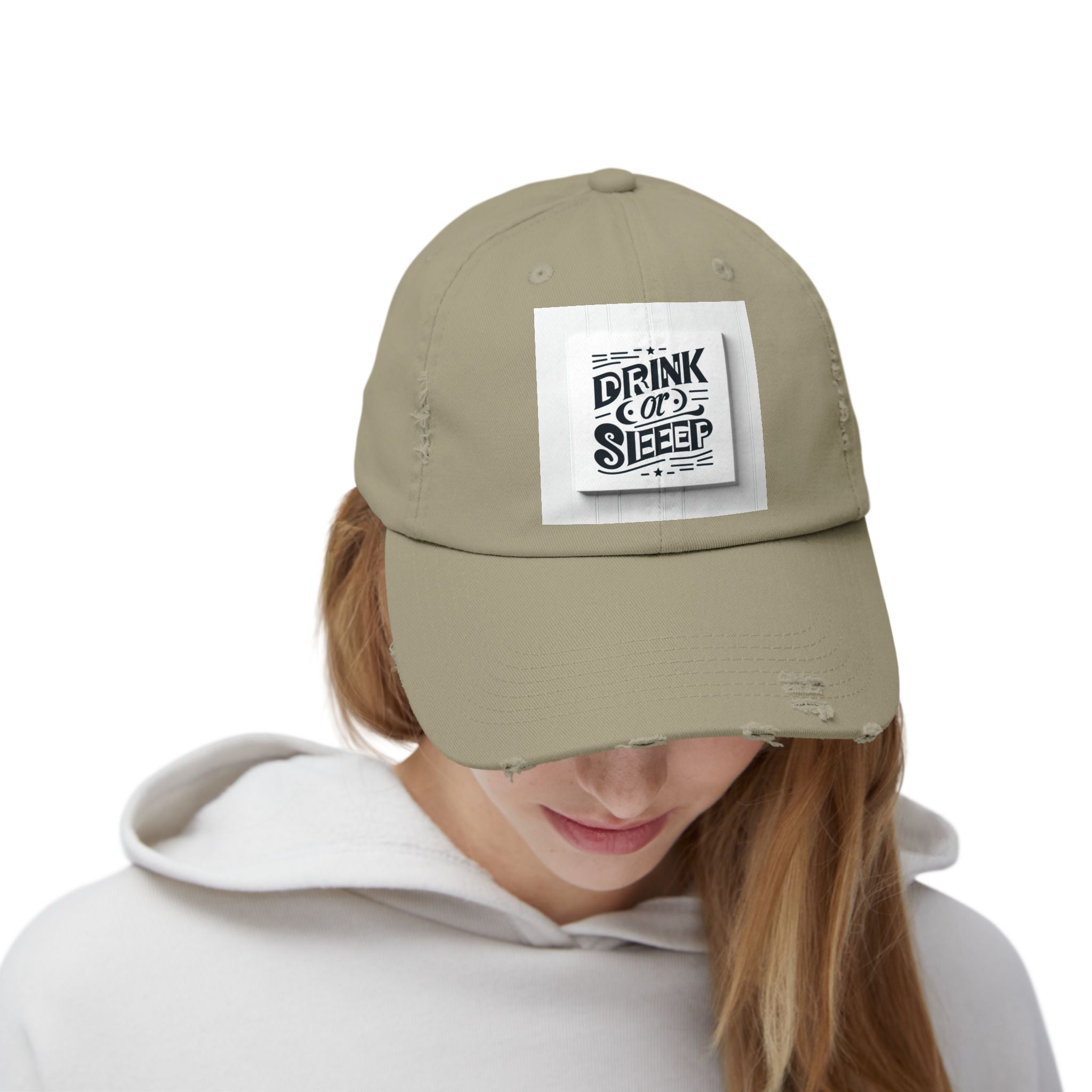 Unisex Distressed Cap with Drink or Sleep Design, Casual Hat for Relaxation, Gift for Coffee Lovers, Perfect for Festivals, Summer Outings