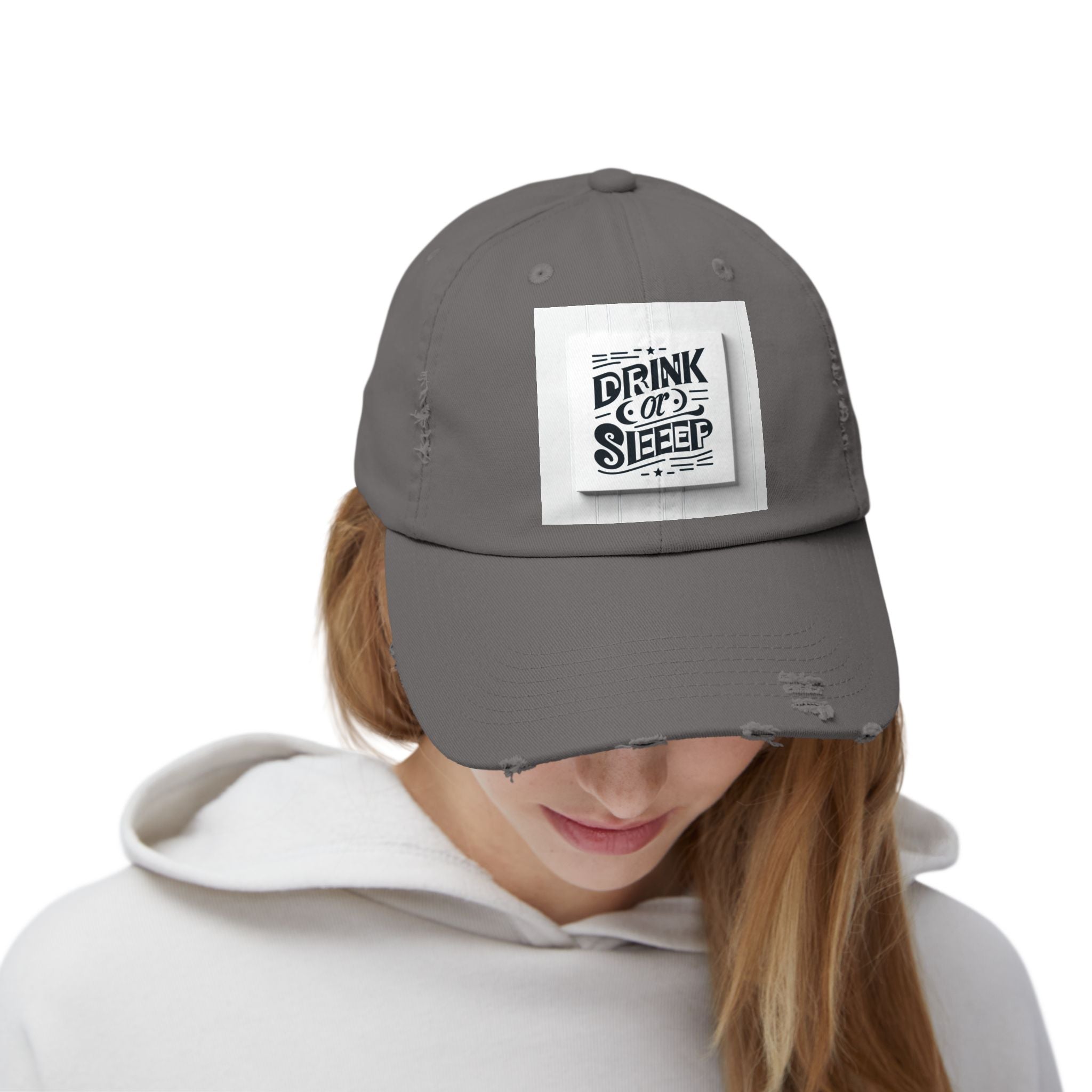 Unisex Distressed Cap with Drink or Sleep Design, Casual Hat for Relaxation, Gift for Coffee Lovers, Perfect for Festivals, Summer Outings