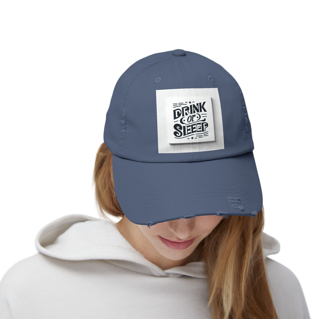 Unisex Distressed Cap with Drink or Sleep Design, Casual Hat for Relaxation, Gift for Coffee Lovers, Perfect for Festivals, Summer Outings