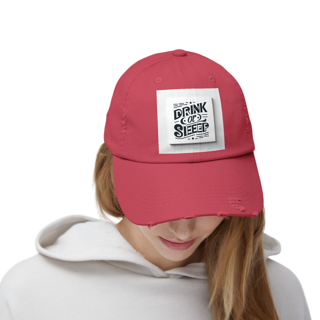 Unisex Distressed Cap with Drink or Sleep Design, Casual Hat for Relaxation, Gift for Coffee Lovers, Perfect for Festivals, Summer Outings