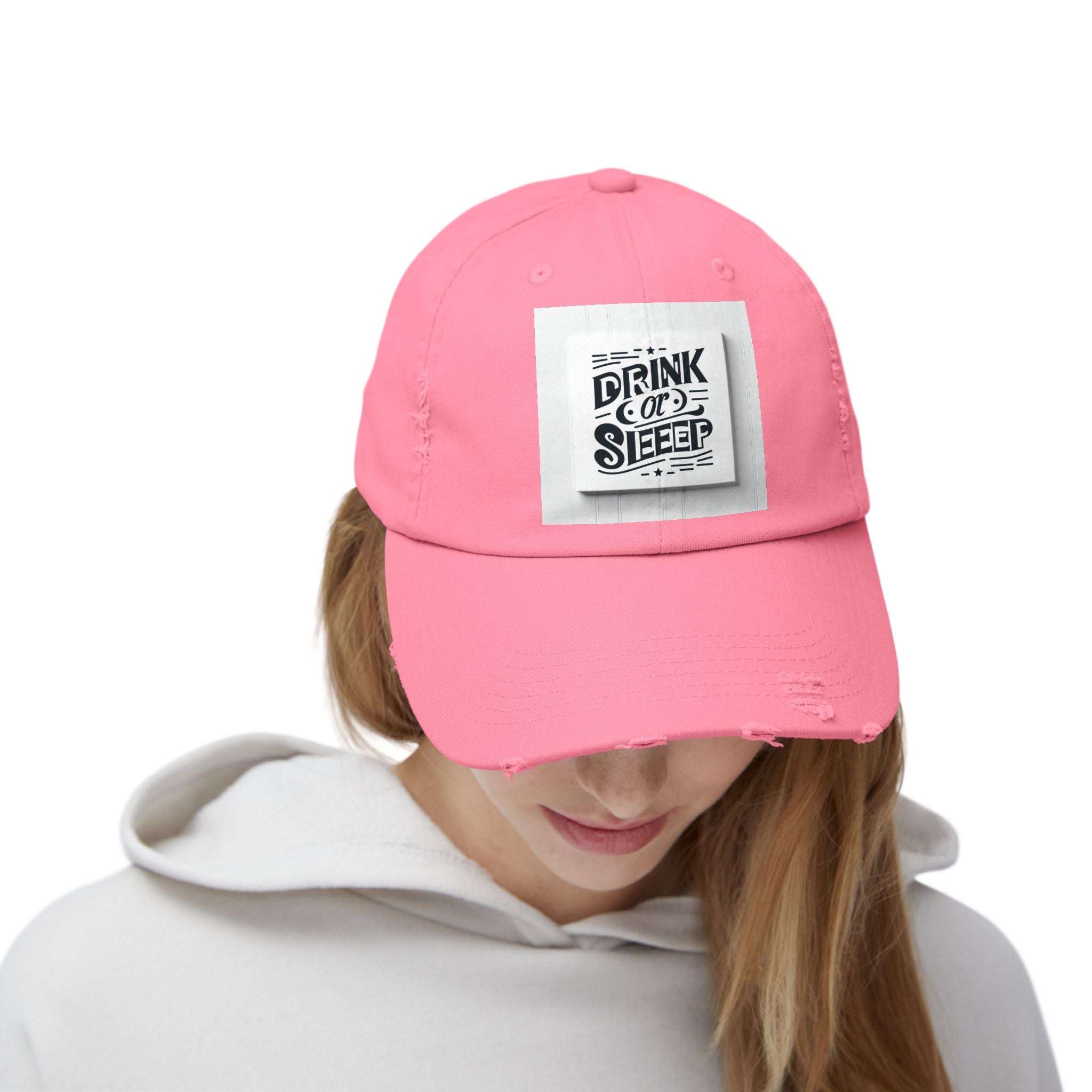 Unisex Distressed Cap with Drink or Sleep Design, Casual Hat for Relaxation, Gift for Coffee Lovers, Perfect for Festivals, Summer Outings